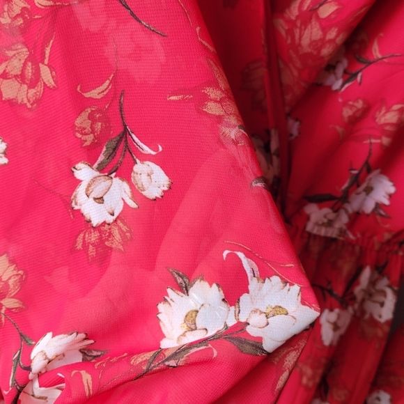 Indigo Rose Long Red/White Floral Dress Large Long Sleeves Flowy Lined V Neck - Picture 9 of 14